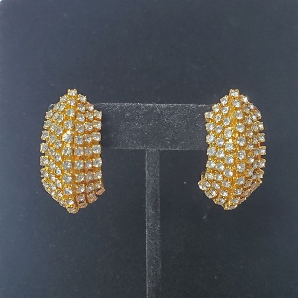 Vintage Gold Tone And Rhinestone Clip-On Earrings - Picture 1 of 10